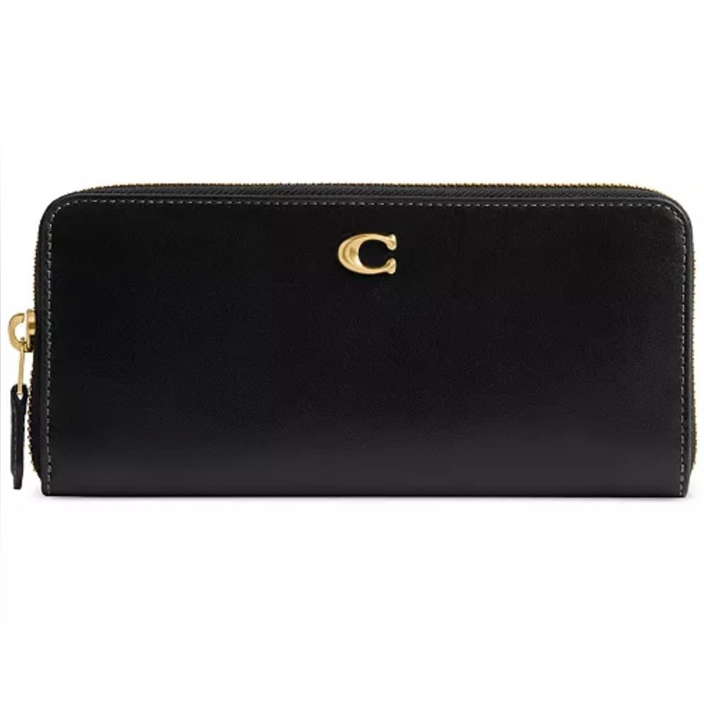 Coach Black Leather Zip-Around Wallet with Gold Hardware